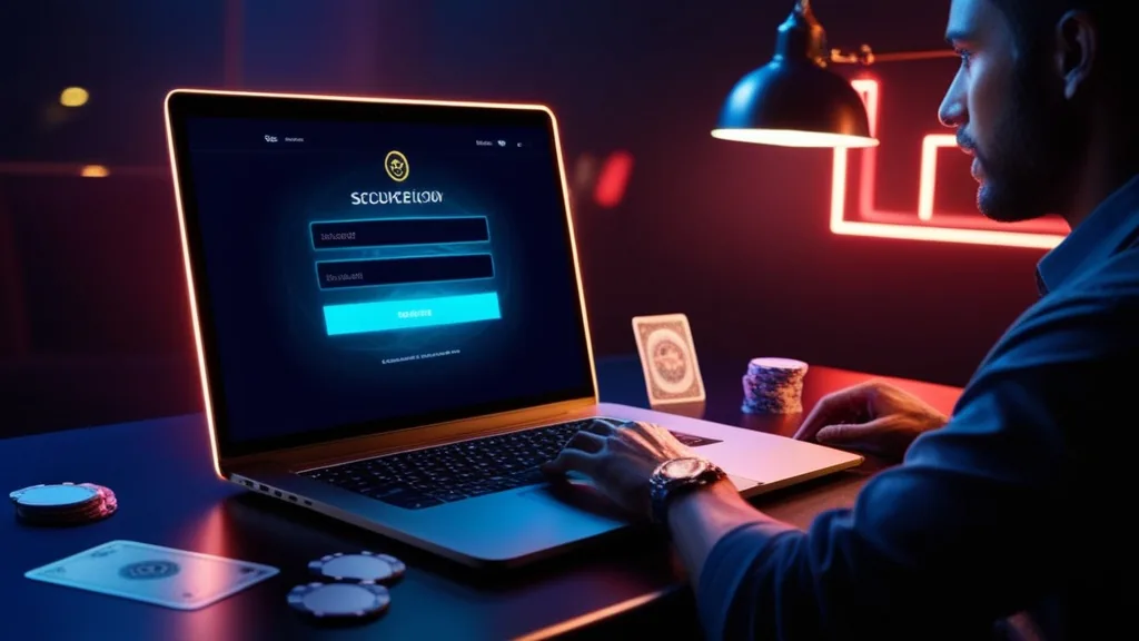 A laptop showing a secure casino login form in a dark neon-lit room
