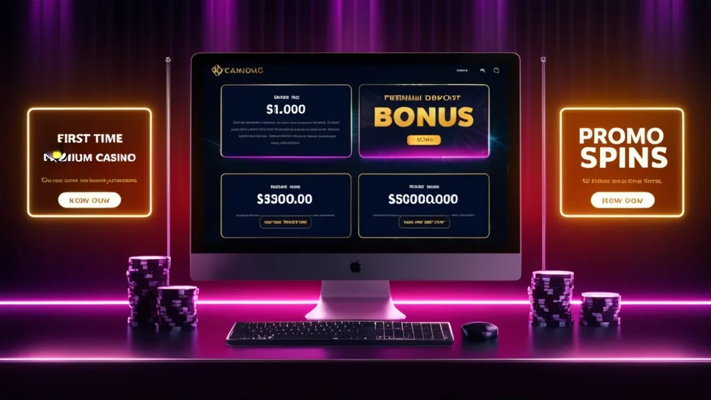 First-time deposit bonus options shown on a glowing casino screen
