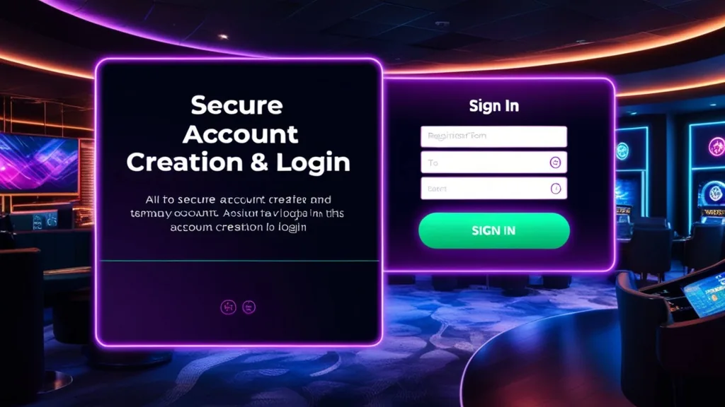 A casino-style login and registration screen with neon-lit panels