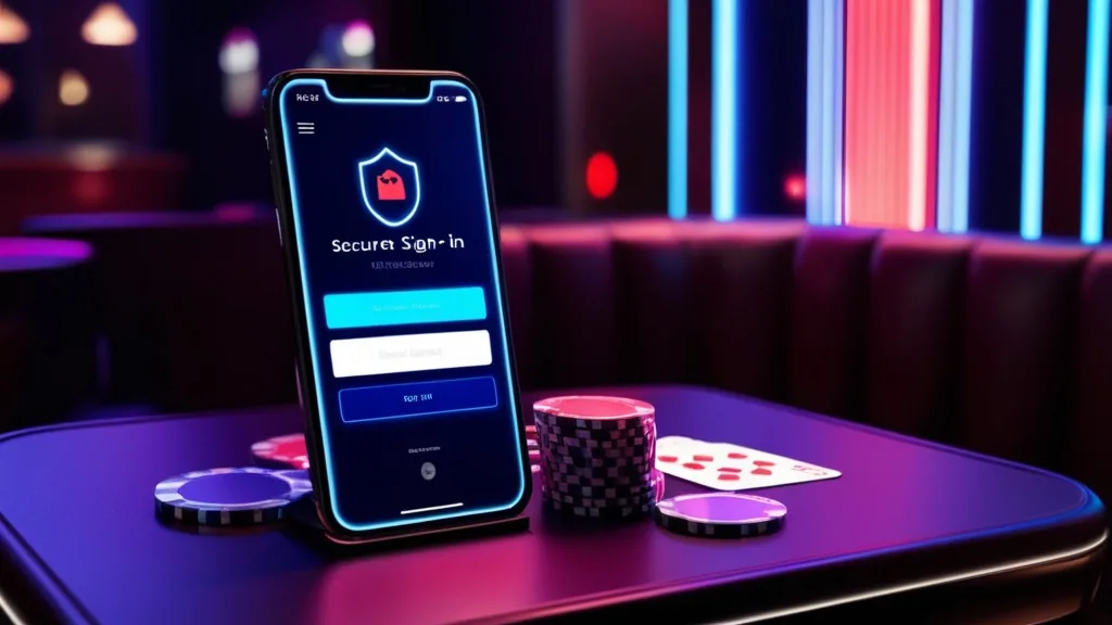 A smartphone displaying a secure casino login screen in a dark neon setting