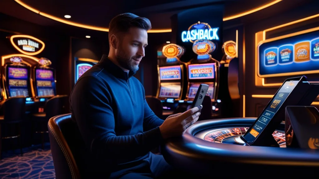 Player viewing ongoing casino promotions on a phone in a neon-lit casino