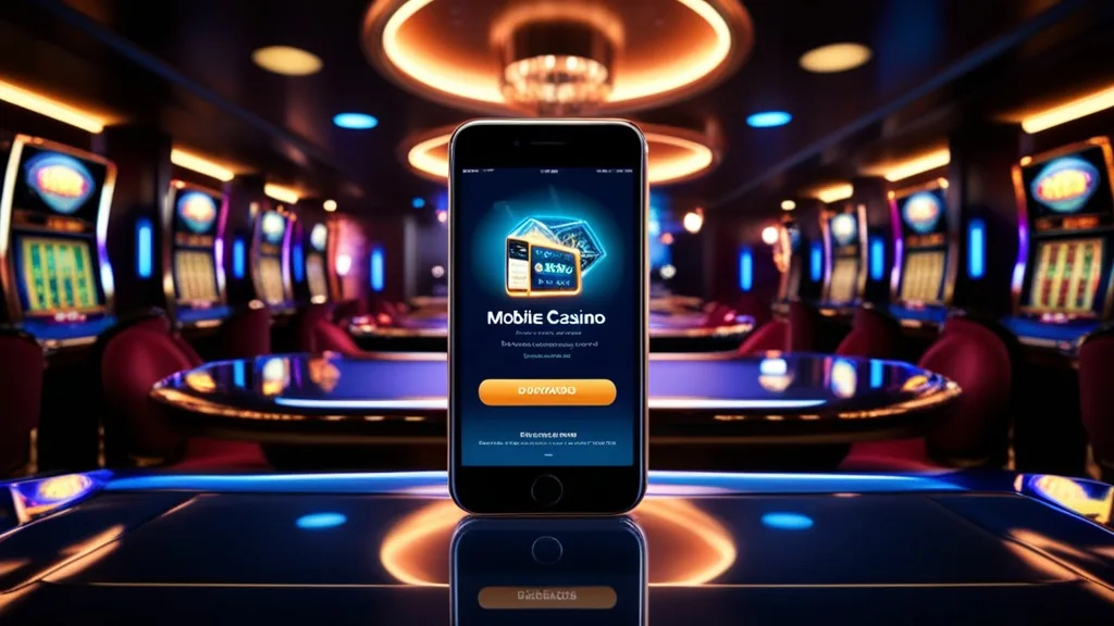 A glowing smartphone showing a casino app download screen in a dark neon casino
