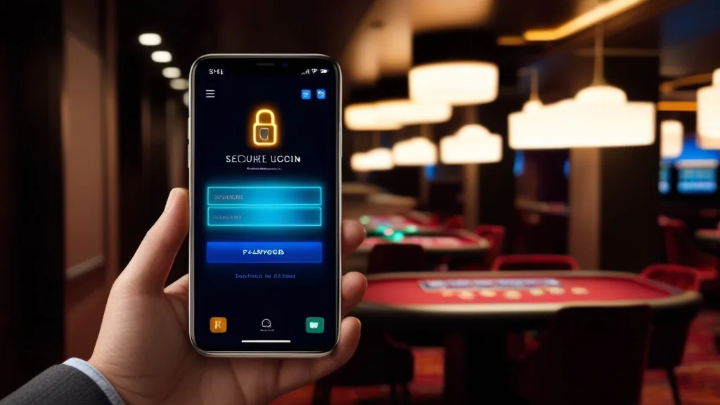 A smartphone login screen with a lock icon in a dark neon casino setting