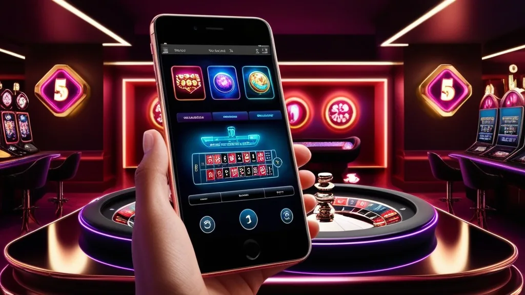 Mobile casino lobby with game tiles and touch controls on a glowing phone screen