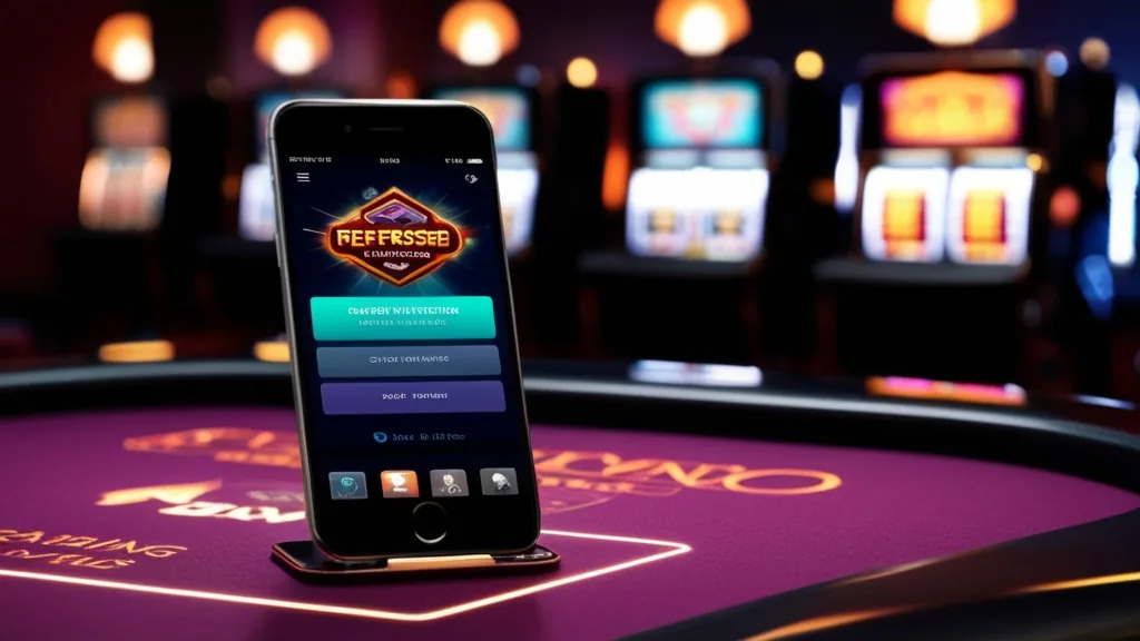 A phone with a refreshed casino shortcut on a dimly lit table in a neon casino