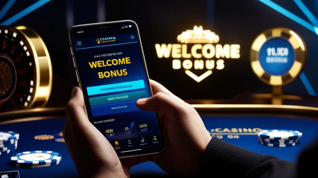 Player checking a welcome bonus screen in a neon casino setting